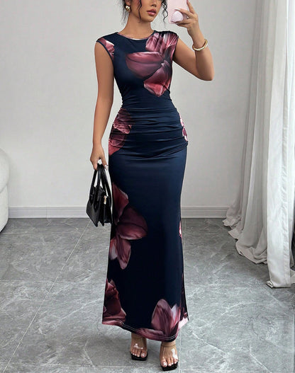 Sleeveless Bodycon Maxi Dress with Floral Print