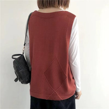 Vintage V-Neck Knit Vest, Loose Casual Fit