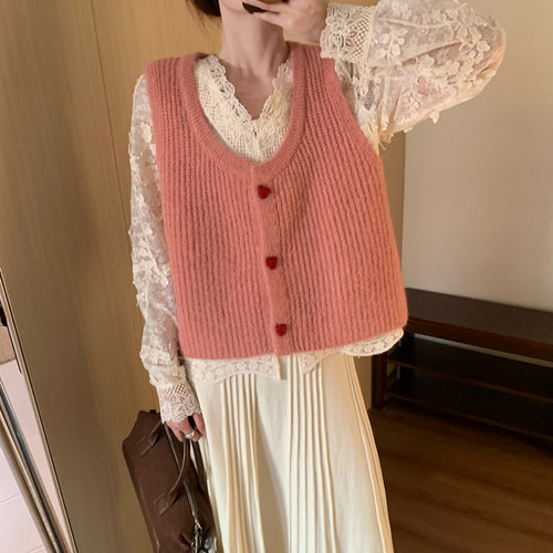 Sweet Knit Vest Cardigan with Heart Buttons