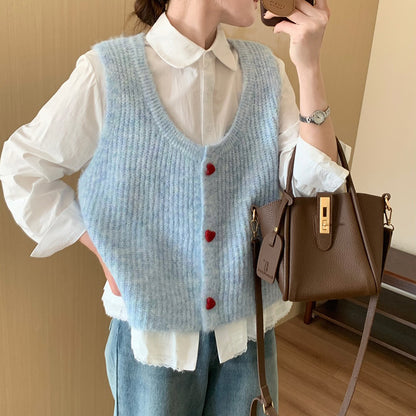 Sweet Knit Vest Cardigan with Heart Buttons
