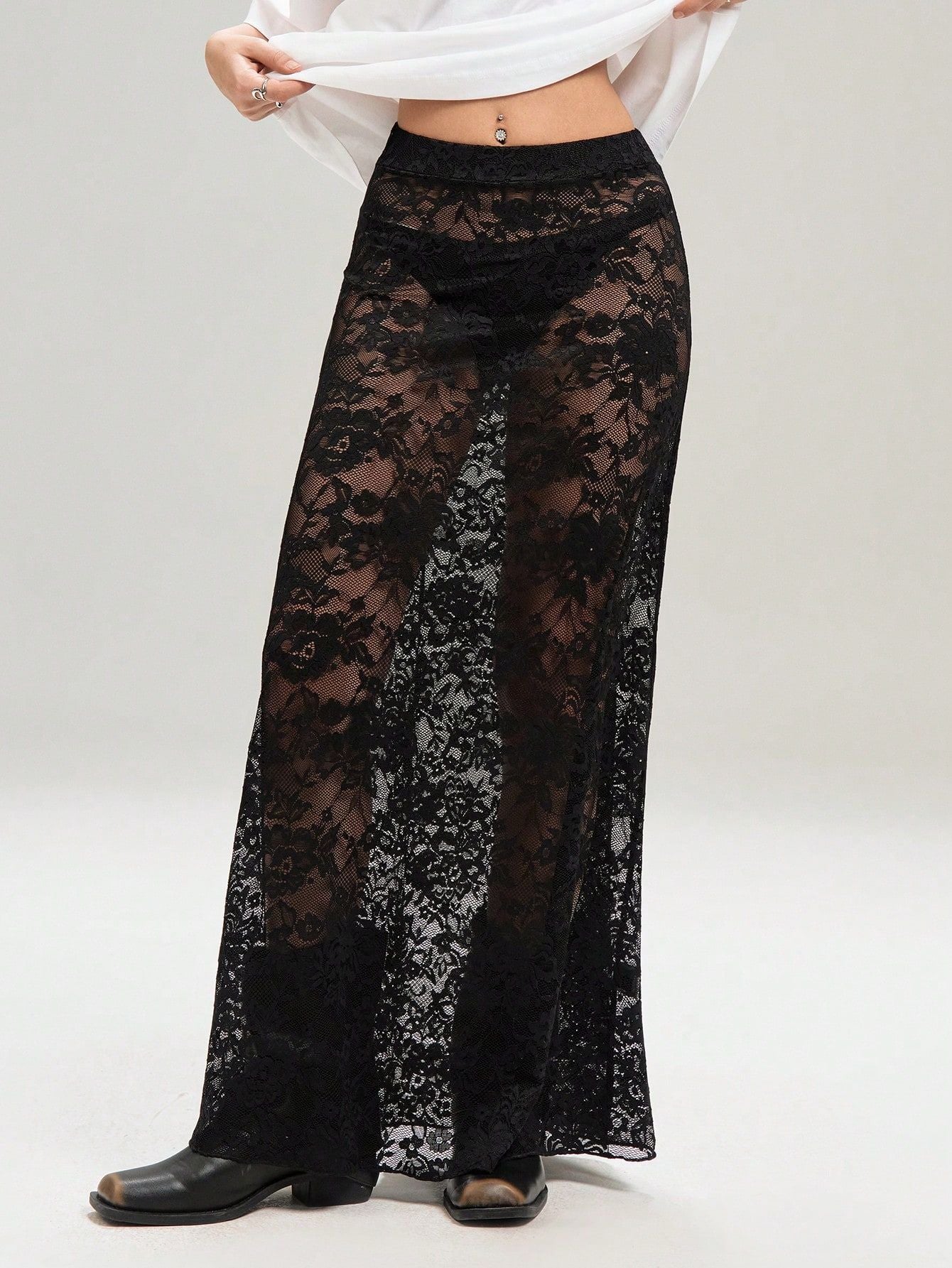 Sheer Floral Lace Maxi Skirt