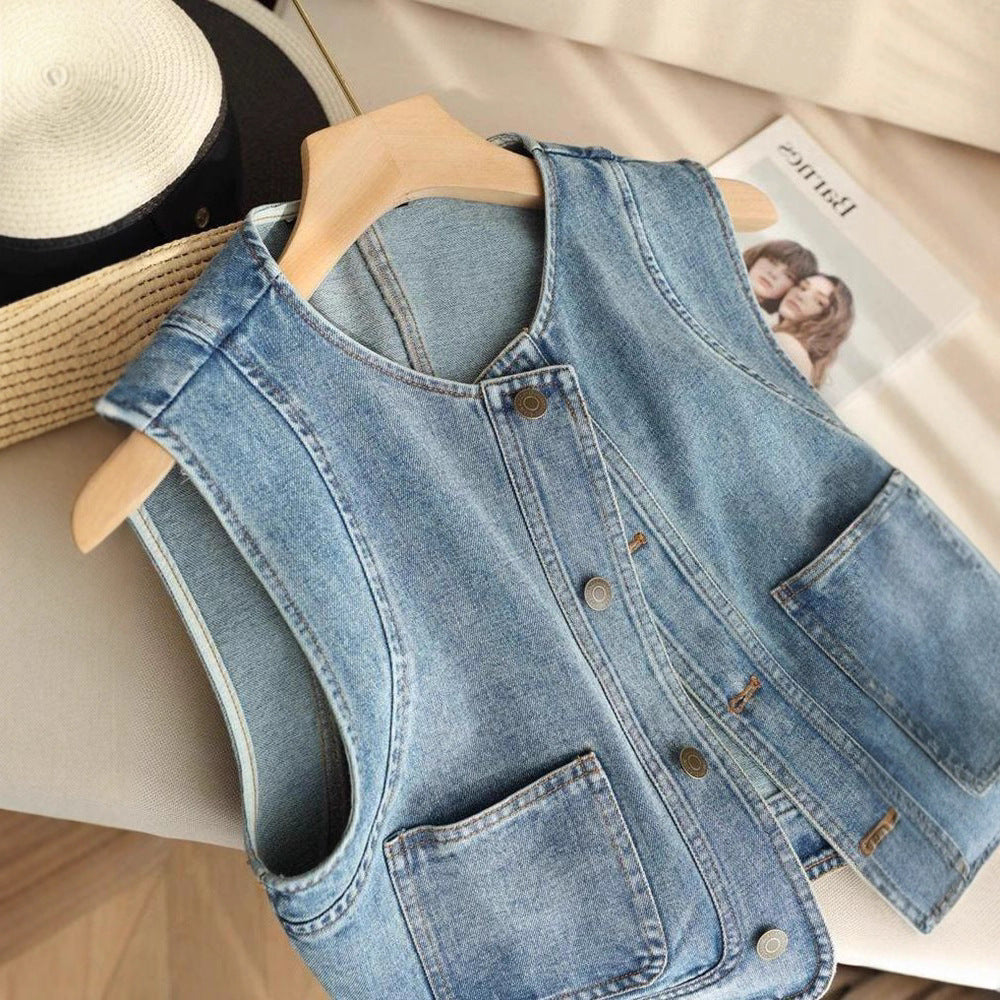 Denim Sleeveless Vest Jacket, Casual Layer Outfit
