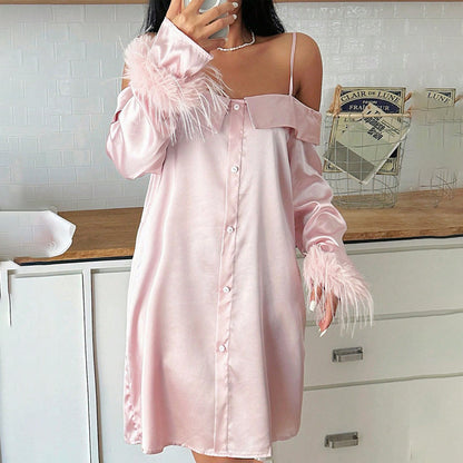 Feather-Cuff Satin Nightdress with Spaghetti Straps