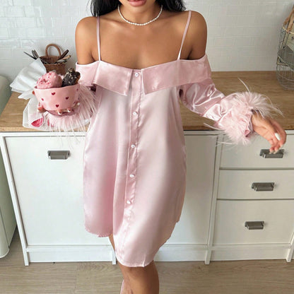Feather-Cuff Satin Nightdress with Spaghetti Straps
