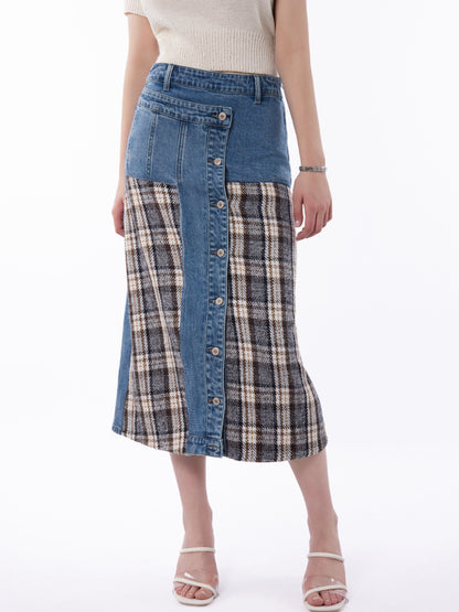 Plaid Panel Button Front Denim Midi Skirt