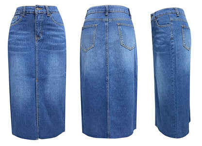 Front Slit High Waist Denim Midi Skirt